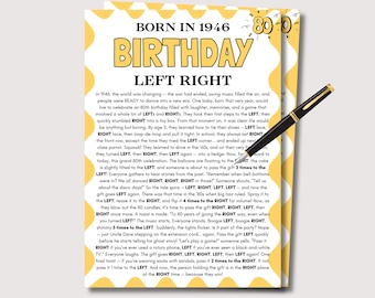 80th Birthday Left Right Game, Fun 80th Birthday Game for Her Him, 80th Birthday Party Game Pass the Prize, Born in 1946 Birthday Game