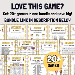 Peut inclure: Une collection de feuilles de jeux imprimables avec des bordures festonn&eacute;es jaunes et blanches, pr&eacute;sentant des titres comme Senior Word Scramble, Jokes, Guess the Price, Challenge, Think Fast, Riddles, Jeopardy, Old Fashioned Sayings, Left Right et Talk Dice.