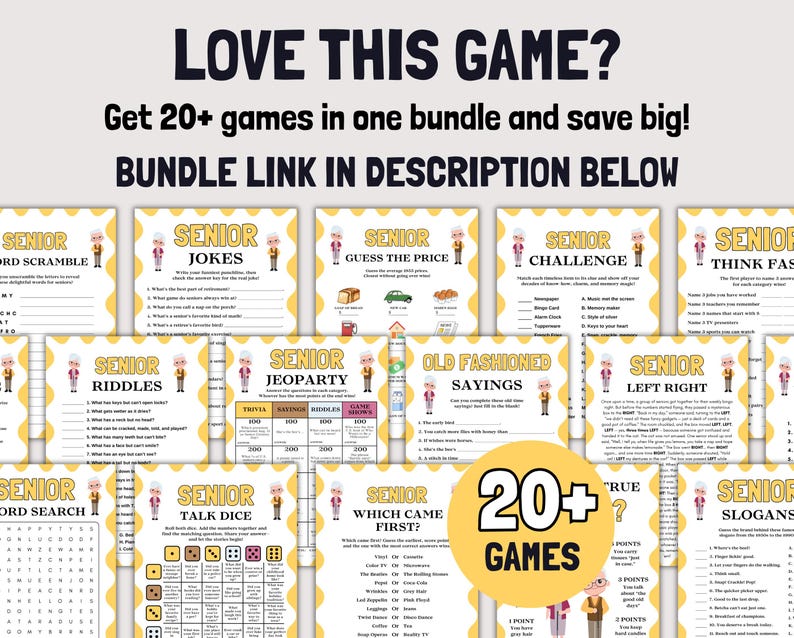 Peut inclure: Une collection de feuilles de jeux imprimables avec des bordures festonn&eacute;es jaunes et blanches, pr&eacute;sentant des titres comme Senior Word Scramble, Jokes, Guess the Price, Challenge, Think Fast, Riddles, Jeopardy, Old Fashioned Sayings, Left Right et Talk Dice.