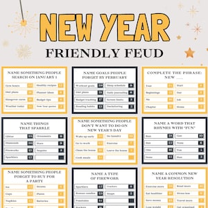 Puede incluir: Un tablero de juego titulado "New Year Friendly Feud" con varias categorías y preguntas para completar. Las categorías incluyen cosas que la gente busca el 1 de enero, metas que la gente olvida y cosas que brillan. El juego está diseñado para una celebración de Año Nuevo.
