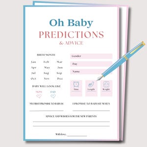 Juego de baby shower con predicciones y consejos minimalistas, juegos imprimibles para baby shower, tarjeta con consejos para baby shower, predicciones modernas para baby shower