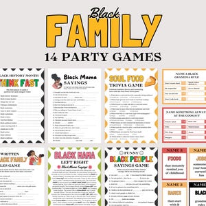 May include: A collection of 14 party games with a Black Family theme. The games include trivia, fill-in-the-blank, and rule-based challenges. The design features colorful graphics and text, perfect for family gatherings and celebrations.