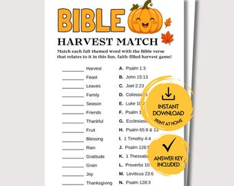 May include: A printable Bible Harvest Match game sheet featuring a cartoon pumpkin, autumn leaves, and a list of words to match with Bible verses. The document includes instructions, a list of terms, and two yellow circular badges with text.