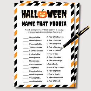Name That Phobia Halloween Match Game, Fun Halloween Game for Adults Teens Halloween Family Game, Halloween Party Game Halloween Trivia Quiz