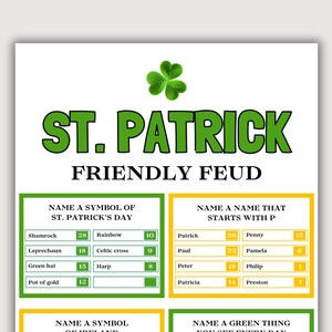 St Patricks Day Friendly Feud Game, Fun Group Saint Patricks Day Game for Adults Kids, St Pattys Day Activity Family Feud, Leprechaun Trivia
