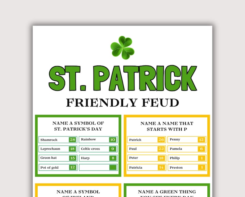 St Patricks Day Friendly Feud Game, Fun Group Saint Patricks Day Game for Adults Kids, St Pattys Day Activity Family Feud, Leprechaun Trivia