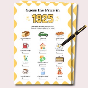 May include: A printable game card with a yellow and white background. The card has a title that says "Guess the Price in 1925". The card has a list of items with illustrations and blank spaces for players to guess the price of each item in 1925. The items include a loaf of bread, a new car, a dozen eggs, a gallon of gas, a new house, a newspaper, a haircut, minimum wage per hour, a radio, a cup of coffee, a gallon of milk, and a dress.