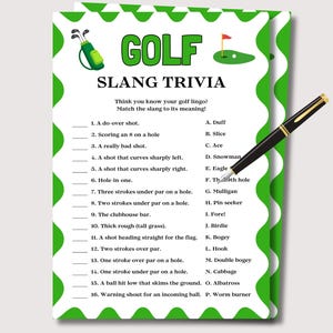 May include: A green and white golf trivia game sheet with the word "GOLF" at the top. The sheet includes golf slang terms and a matching section. A black pen with gold accents rests on the sheet.