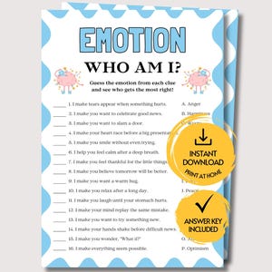 May include: A printable game sheet titled EMOTION WHO AM I? with a blue scalloped border. The sheet features sixteen numbered clues about feelings and a corresponding list of emotions labelled A through P, decorated with two small pink brain illustrations.