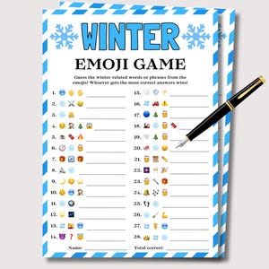May include: A printable winter emoji game sheet with a blue and white snowflake border. The title "Winter Emoji Game" is at the top. A black pen with gold accents rests on the sheet, ready for use. The game challenges players to guess winter-related words or phrases.