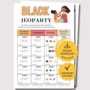 May include: A printable Black Jeoparty game sheet featuring categories like Family Rules, Sayings, Emoji, and Slang. The grid includes point values from 100 to 500 with fill-in-the-blank questions, an illustration of two people cooking, and two yellow circular badges.