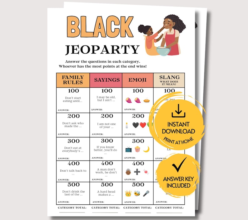 May include: A printable Black Jeoparty game sheet featuring categories like Family Rules, Sayings, Emoji, and Slang. The grid includes point values from 100 to 500 with fill-in-the-blank questions, an illustration of two people cooking, and two yellow circular badges.