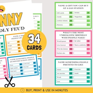 以下が含まれることがあります： Funny Friendly Feudというタイトルの印刷可能なゲームセットで、アンケートの質問とポイントが記載された34枚のカードが含まれています。カードには、ガソリンスタンドで買えるギフトの名前や、最も非現実的な誕生日の願い事などのプロンプトが記載されています。