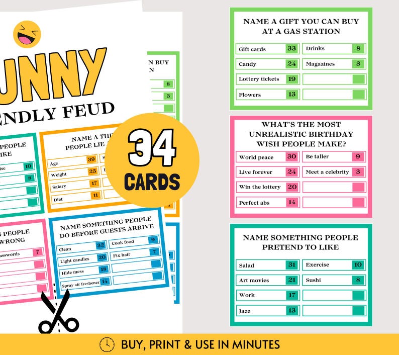 以下が含まれることがあります： Funny Friendly Feudというタイトルの印刷可能なゲームセットで、アンケートの質問とポイントが記載された34枚のカードが含まれています。カードには、ガソリンスタンドで買えるギフトの名前や、最も非現実的な誕生日の願い事などのプロンプトが記載されています。