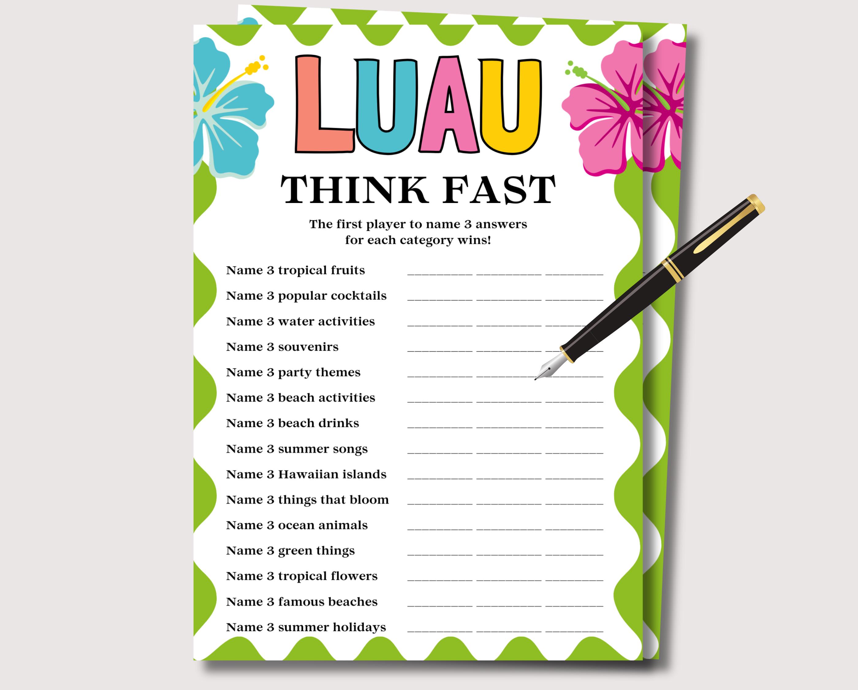 Luau Think Fast Game, Fun Printable Luau Game for Adults, Luau Party ...