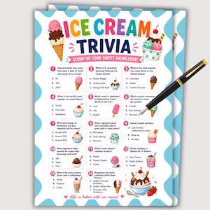 Jeu-questionnaire sur la crème glacée, jeu amusant de fête d'été pour enfants, jeu d'anniversaire d'été pour enfants, jeu-questionnaire pour enfants à imprimer, quiz d'activités estivales pour enfants