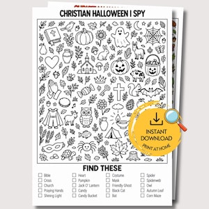 Op de afbeelding: Een zwart-wit printbaar activiteitenblad getiteld CHRISTIAN HALLOWEEN I SPY met diverse lijntekeningen zoals een bijbel, pompoen, geest en kruis. Onder het raster staat een checklist genaamd FIND THESE met items die in de afbeelding staan.