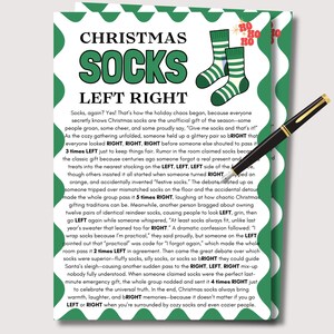 May include: A greeting card with the words "CHRISTMAS SOCKS LEFT RIGHT" in large, green letters. The card features a pair of green and white striped socks and text about Christmas socks. A black and gold pen rests on the card.