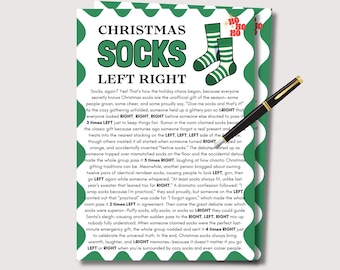 May include: A greeting card with the words "CHRISTMAS SOCKS LEFT RIGHT" in large, green letters. The card features a pair of green and white striped socks and text about Christmas socks. A black and gold pen rests on the card.