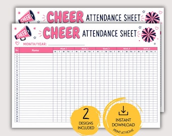 May include: A cheer attendance sheet with a pink megaphone and pom-pom graphic. The header reads CHEER ATTENDANCE SHEET with a space for month and year. The grid includes columns for names and five weeks of daily attendance, plus two yellow circles.
