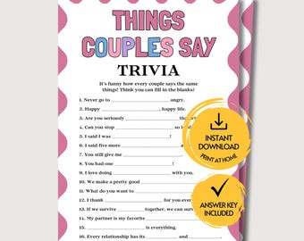 Jeu de questions-réponses sur les couples, jeu imprimable amusant pour une soirée en couple, quiz brise-glace, activité pour une soirée en amoureux, jeu pour couples mariés