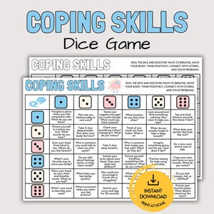 Puede incluir: Una hoja imprimible de juego de dados Coping Skills que presenta una cuadrícula con iconos de dados numerados del uno al seis, cada uno correspondiente a preguntas de salud mental. El texto incluye instrucciones para lanzar los dados.