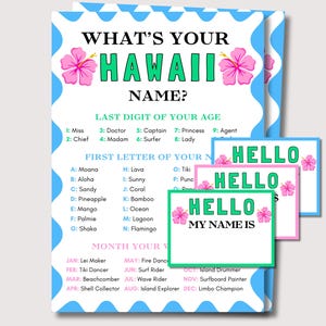 What&#39;s Your Hawaii Name, Hawaiian Party Games, Hawaiian Themed Games, Hawaiian Games Summer Name Game, Luau Game Kids Adults, Luau Name Game