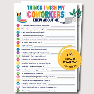 Op de afbeelding: Een printbare vragenlijst getiteld Things I Wish My Coworkers Knew About Me, met twintig genummerde vragen en lege regels om in te vullen. Het ontwerp bevat kleurrijke tekst, een laptop, een kamerplant en een geel icoon voor directe download.