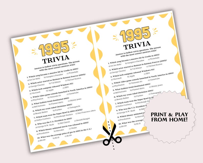 1995 Trivia Game, Fun 1995 Birthday Game for Her Him, 1995 Trivia Game ...