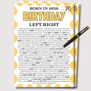 70th Birthday Game, 70th Birthday Left Right Game Fun Born in 1956 70th Birthday Game for Her Him 1956 Birthday Pass the Prize Pass the Gift