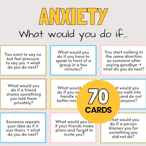May include: A set of 70 cards titled ANXIETY What would you do if... featuring a grid of nine rectangular cards with pastel borders. Each card contains a specific social scenario question printed in black text, designed to prompt reflection on anxiety.