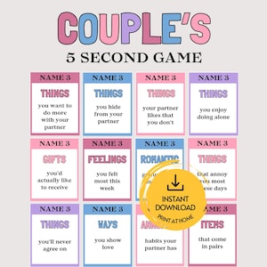 Peut inclure: Un jeu imprimable intitulé COUPLE'S 5 SECOND GAME composé de douze cartes rectangulaires aux bordures roses, bleues et violettes. Chaque carte affiche le texte NAME 3 suivi d'une catégorie et d'une consigne pour lister trois éléments.