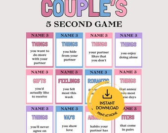 May include: A printable game titled COUPLE'S 5 SECOND GAME featuring twelve rectangular cards with pink, blue, and purple borders. Each card contains the text NAME 3 followed by a category and a prompt for players to list three items quickly.