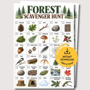 Könnte beinhalten: Eine druckbare Wald-Schnitzeljagd-Checkliste mit einem Raster aus naturbezogenen Illustrationen wie Tannenzapfen, Blättern und Tieren. Das Dokument enthält Kästchen zum Abhaken und ein gelbes kreisförmiges Abzeichen mit der Aufschrift Instant Download Print At Home.