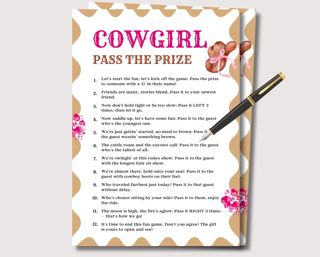 Cowgirl Pass the Prize Game, Printable Cowgirl Birthday Party Game for ...