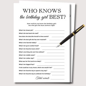 Who Knows the Birthday Girl Best, Printable Birthday Party Game, Fun Birthday Trivia, Minimalist Birthday Games Adults, Who Knows Her Best