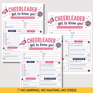 May include: Three white paper forms titled CHEERLEADER get to know you! in pink and navy blue text. The forms feature sections for personal details, favorites, and about me questions, decorated with illustrations of a megaphone and pom-poms.