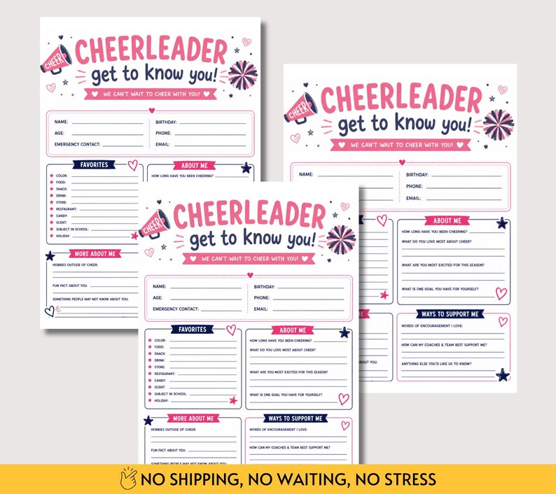 May include: Three white paper forms titled CHEERLEADER get to know you! in pink and navy blue text. The forms feature sections for personal details, favorites, and about me questions, decorated with illustrations of a megaphone and pom-poms.