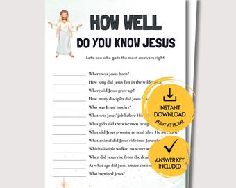 May include: A white paper game sheet titled HOW WELL DO YOU KNOW JESUS with a cartoon illustration of Jesus, a list of twelve religious trivia questions with blank lines for answers, and two yellow circular badges stating INSTANT DOWNLOAD and ANSWER KEY INCLUDED.