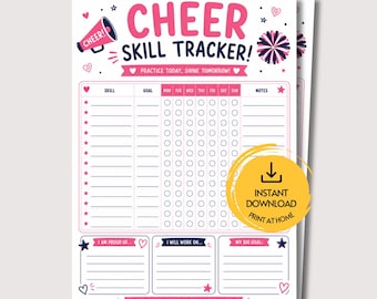 May include: A white cheer skill tracker printable sheet with pink and dark blue accents. It features a megaphone, pom-pom, and star graphics. The text reads CHEER SKILL TRACKER, PRACTICE TODAY, SHINE TOMORROW, and TEAMWORK MAKES THE DREAM WORK.