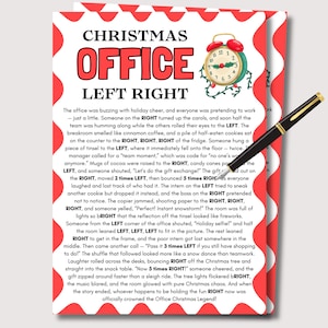May include: A festive Christmas card featuring the text "CHRISTMAS OFFICE LEFT RIGHT" in red. A clock graphic and a pen are also visible. The card has a red and white striped border and contains a story.