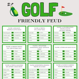 May include: A golf-themed game board with the word "GOLF" in large green letters. The board features various categories like "Name a Reason People Love Golf" and "Name a Thing in a Golf Bag."