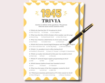 May include: A yellow and white printable trivia game card with the title "1945 Trivia". The card features ten trivia questions about events that happened in 1945.
