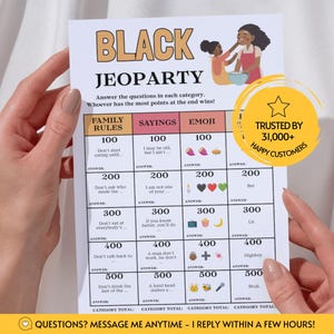 May include: A Black Jeoparty game sheet featuring categories like Family Rules, Sayings, and Emoji with point values from 100 to 500. The top includes an illustration of two people cooking. A yellow circular badge states Trusted by 31,000+ Happy Customers.