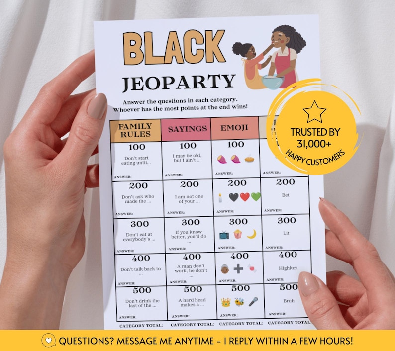 May include: A Black Jeoparty game sheet featuring categories like Family Rules, Sayings, and Emoji with point values from 100 to 500. The top includes an illustration of two people cooking. A yellow circular badge states Trusted by 31,000+ Happy Customers.
