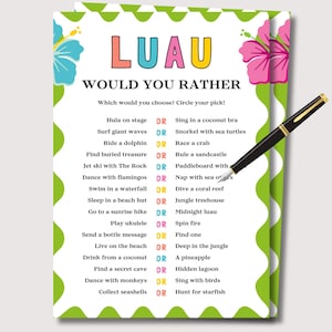 Luau Games Would You Rather, Luau Party Games, Hawaiian Themed Game, Summer Party Games, Luau Ice Breakers, Hawaiian Games, Luau Trivia