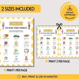 Peut inclure: Une feuille de jeu imprimable intitul&eacute;e Senior Guess The Price avec des illustrations d'articles comme du pain, une voiture, des &oelig;ufs, de l'essence, une maison, un journal, une coupe de cheveux, de l'argent, une t&eacute;l&eacute;, du caf&eacute;, du lait et une robe.