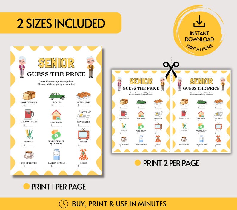 Peut inclure: Une feuille de jeu imprimable intitul&eacute;e Senior Guess The Price avec des illustrations d'articles comme du pain, une voiture, des &oelig;ufs, de l'essence, une maison, un journal, une coupe de cheveux, de l'argent, une t&eacute;l&eacute;, du caf&eacute;, du lait et une robe.