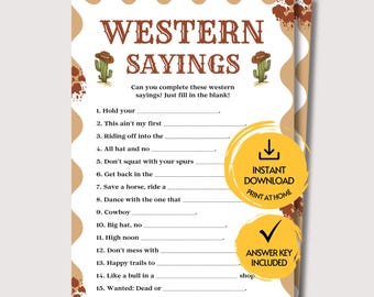 Western Sayings Game, Fun Printable Cowgirl Cowboy Trivia for Adults & Kids, Cowboy Game, Wild West Western Party Theme Game, Rodeo Birthday