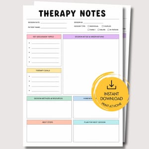 Plantilla de notas de terapia, notas de sesión de terapia imprimibles, formulario de documentación del terapeuta, registro del consejero escolar, hoja de trabajo de notas personales